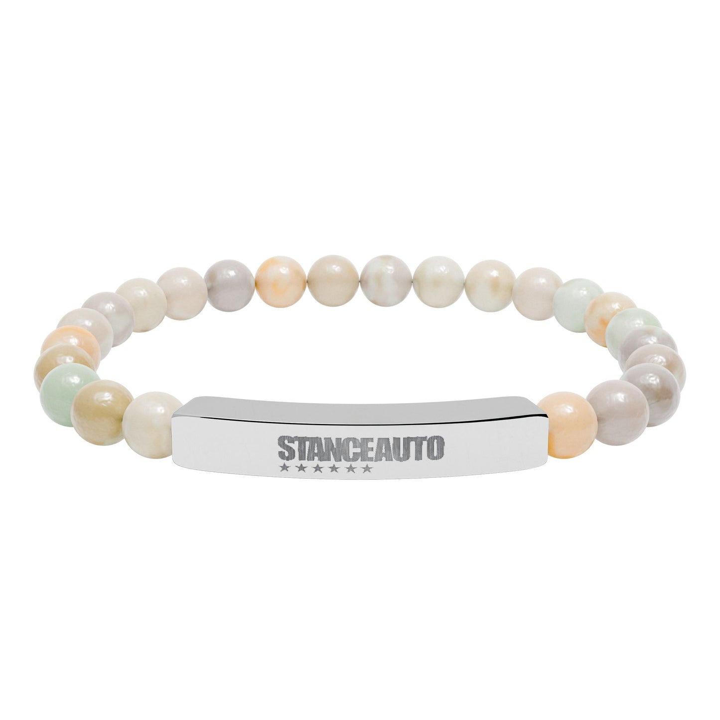 Bracelet Stance Auto Engraved Natural Stone Stretch Bar Bracelet featuring polished engraved centerpiece and natural stone beads.