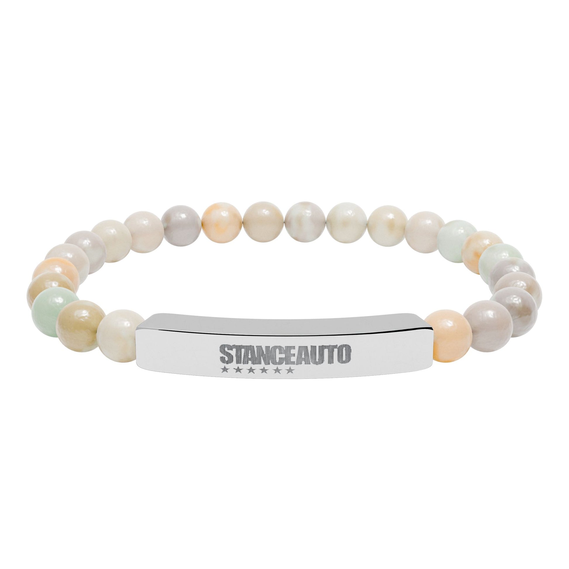 Bracelet Stance Auto Engraved Natural Stone Stretch Bar Bracelet featuring polished engraved centerpiece and natural stone beads.