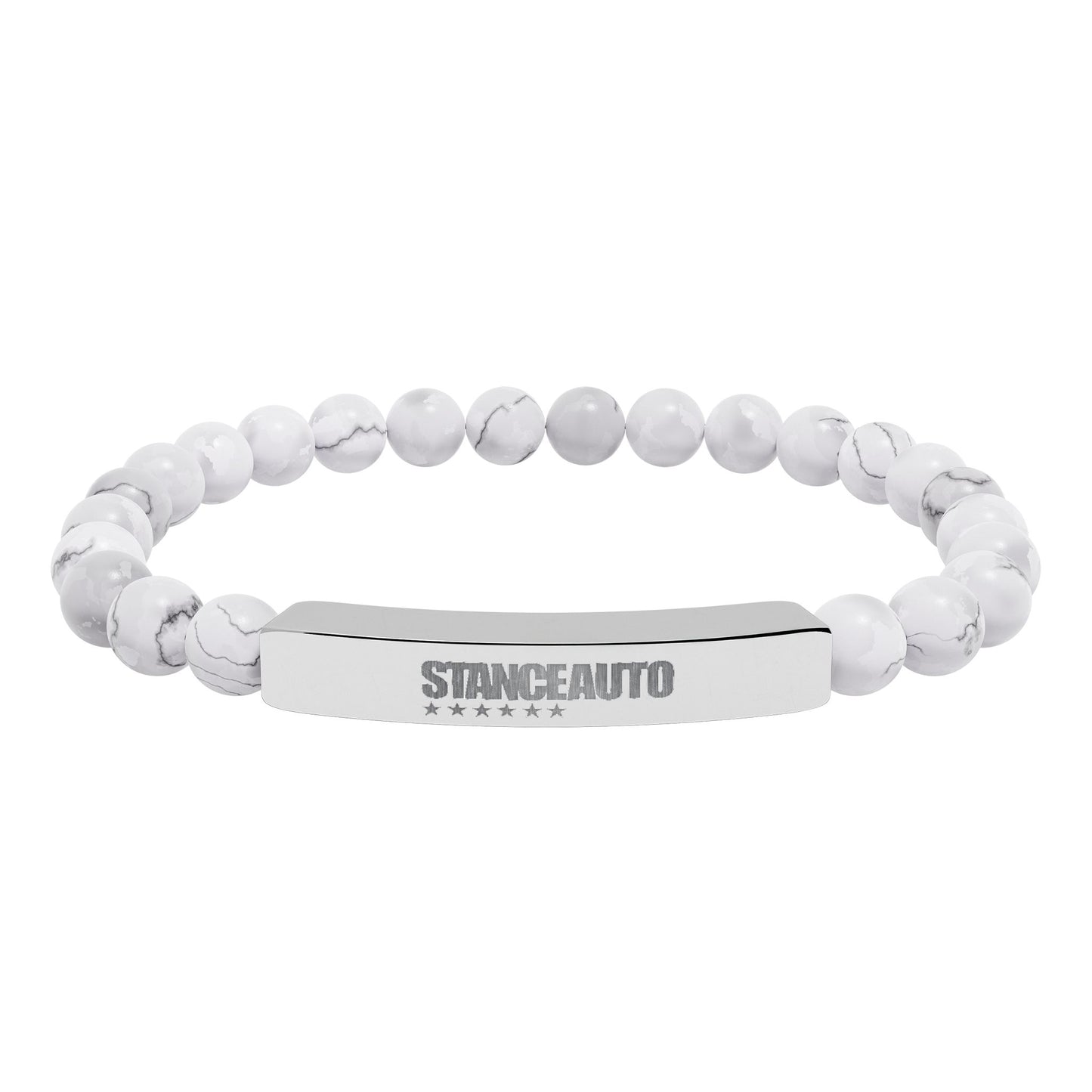 Bracelet Stance Auto Engraved Natural Stone Stretch Bar Bracelet with white stone beads and polished metal.