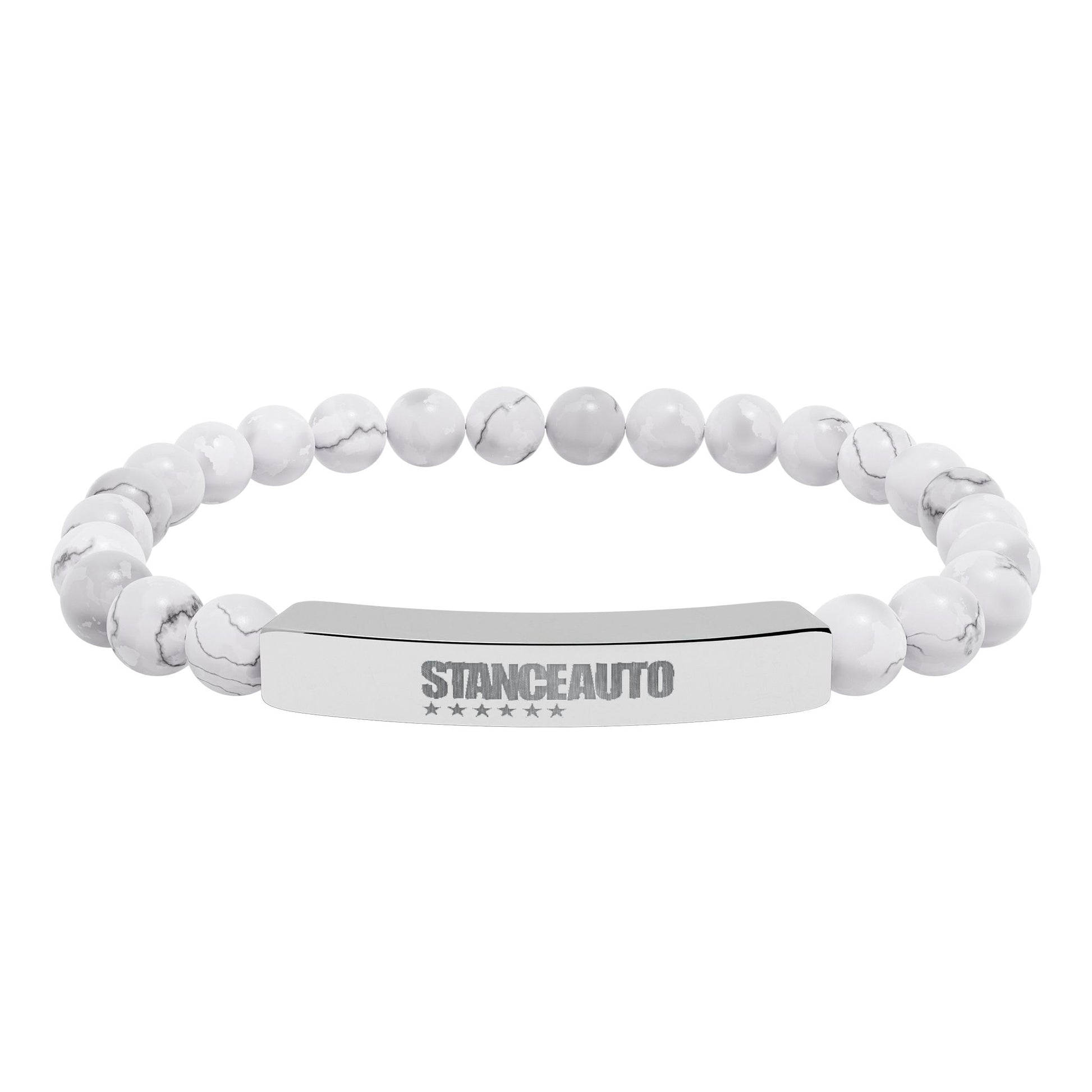 Bracelet Stance Auto Engraved Natural Stone Stretch Bar Bracelet with white stone beads and polished metal.