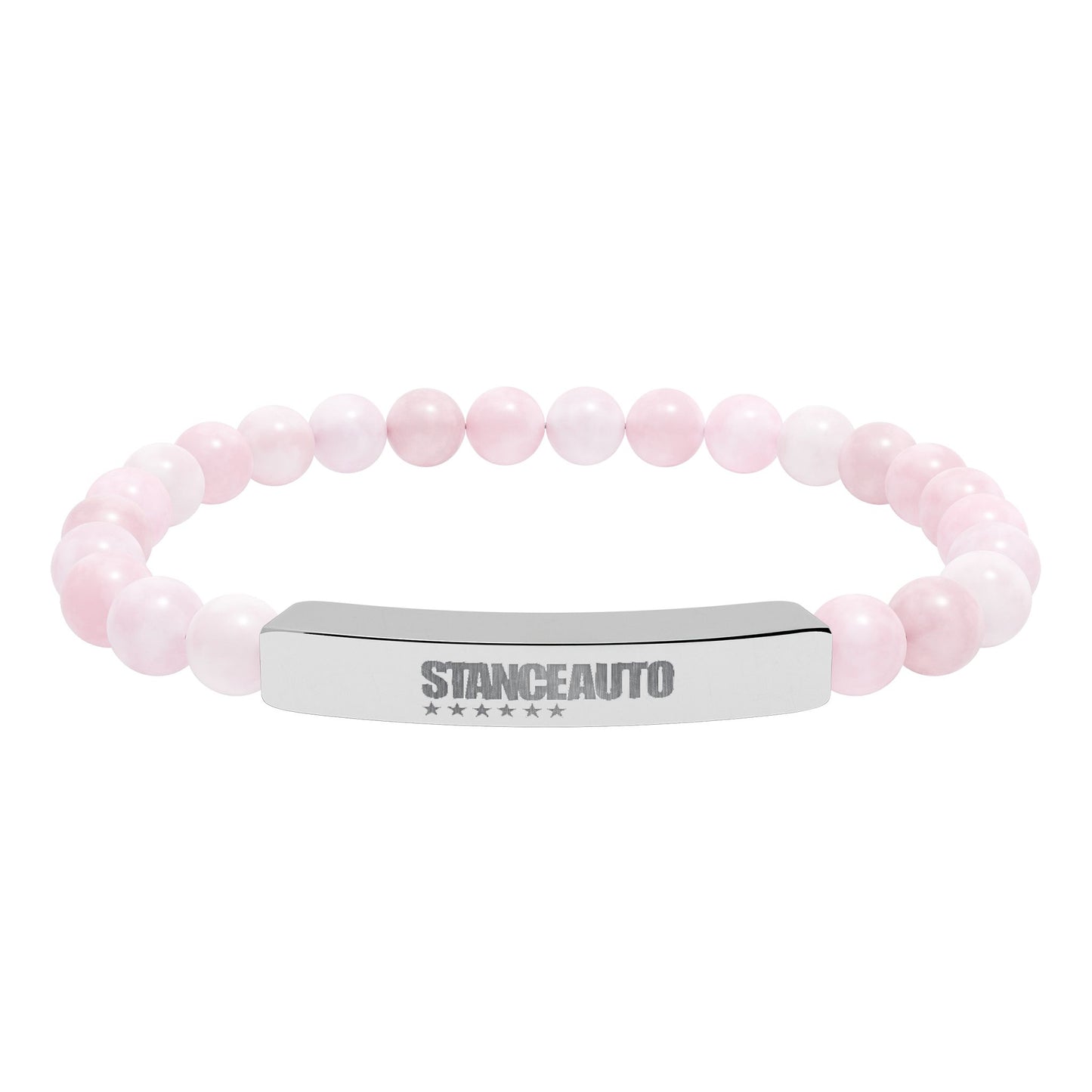 Bracelet Stance Auto Engraved Natural Stone Stretch Bar Bracelet with pink stone beads and a polished metal bar.