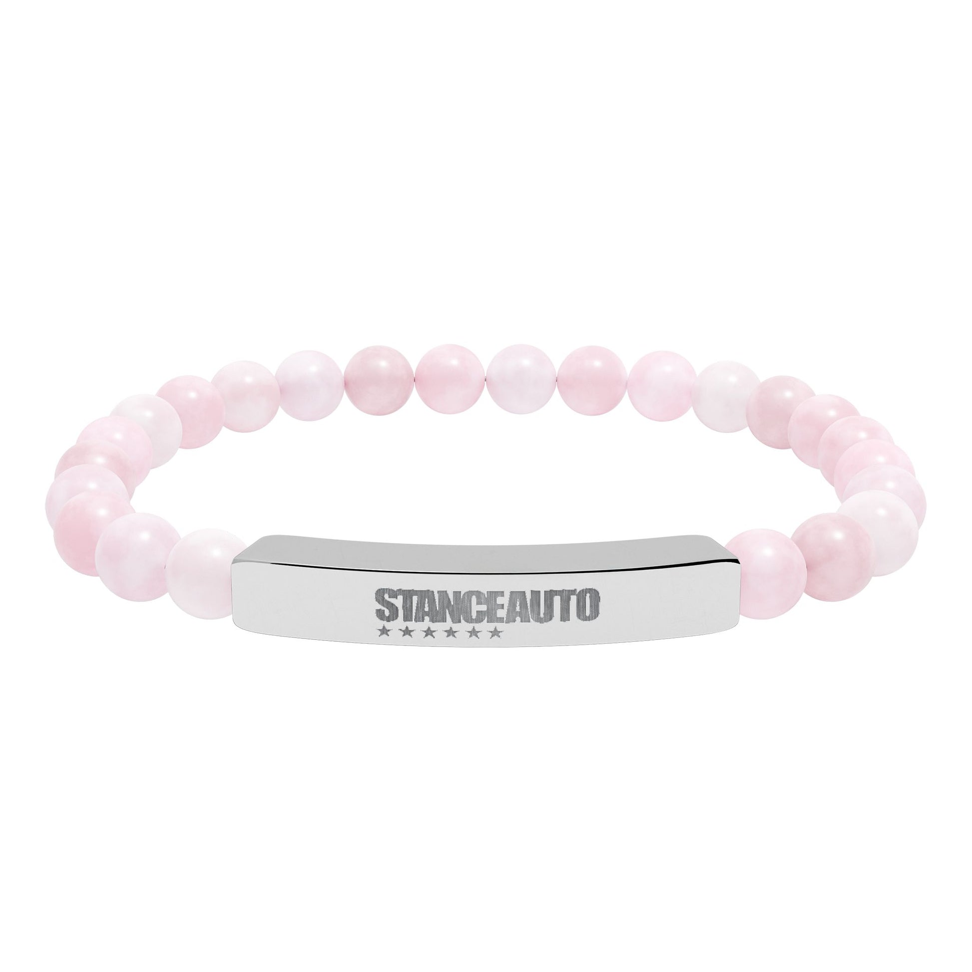 Bracelet Stance Auto Engraved Natural Stone Stretch Bar Bracelet with pink stone beads and a polished metal bar.